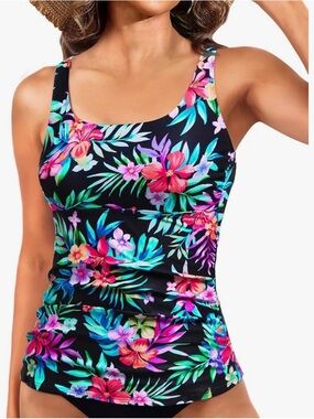 Younique Black Floral Tanquini top Scoop One-Piece Swimsuit